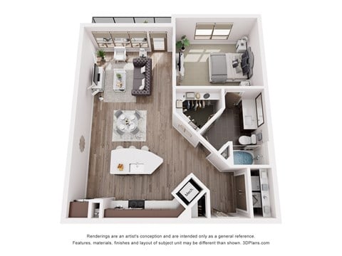 Floor plan for 1 bed, 1 bath, 844 sqft